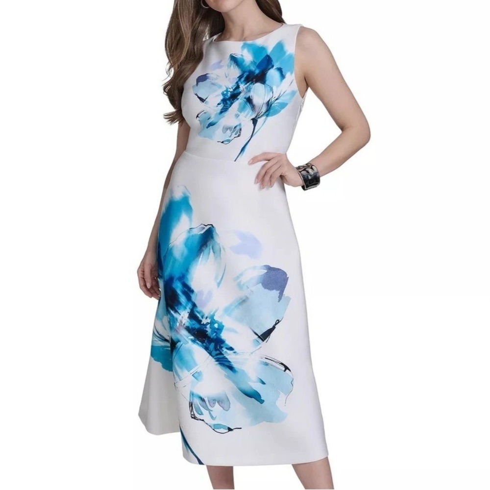 Halston Sleeveless Boat Neck Scuba Blue Floral Midi Dress Womens Size 4 NWT